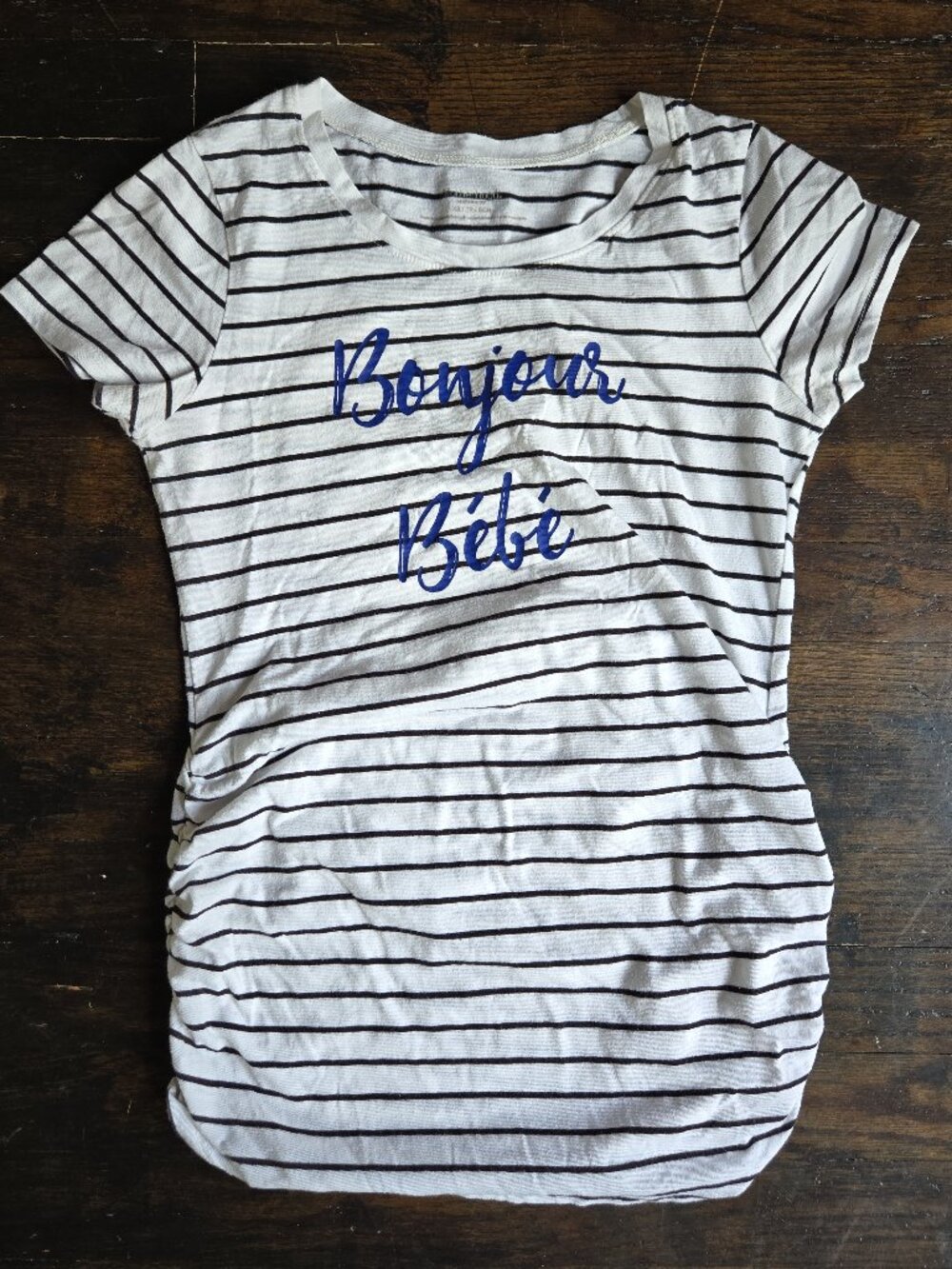 MOTHERHOOD MATERNITY - XS White Striped "Bonjour Bebe" Ruched-Side Maternity Tee